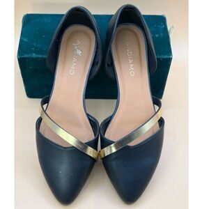 Andiamo Black Pointed Toe flat slip on gold strap 7.5 M womens dress shoes EUC